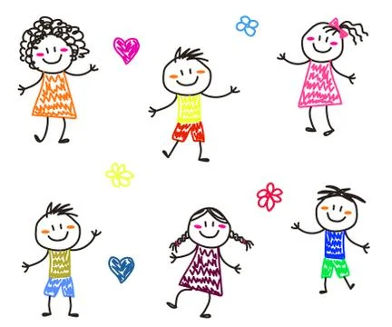 Various children are having fun on a white background. Children's drawing. Stock Illustration