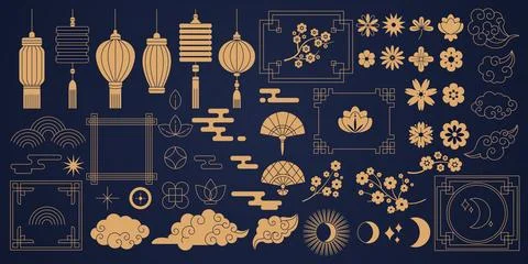 Various Chinese symbols with frames linear glyph icons Stock Illustration