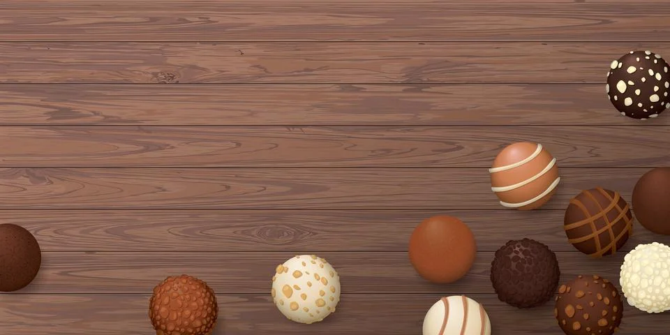 Various chocolate balls top view on wooden background graphic illustration .. Stock Illustration