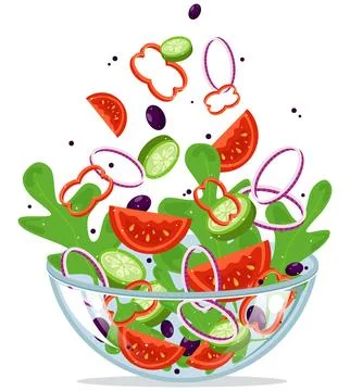 Various Chopped Fresh Vegetables Fall Into A Transparent Glass Bowl Stock Illustration