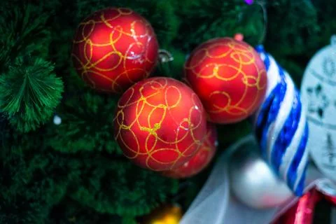 Various Christmas decorations on the tree, decorations Stock Photos