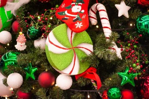 Various Christmas decorations on the tree, decorations Stock Photos