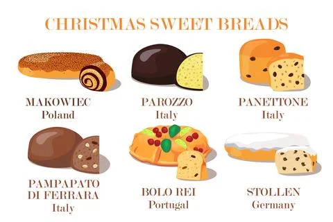 Various Christmas sweet breads flat vector collection. Stock Illustration