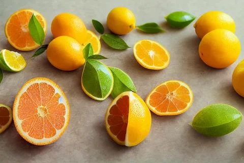 Various citrus fruit flat lay on grey background. 3d illustration Stock Illustration