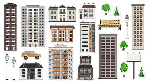Various city elements of multistorey buildings and municipal structures, park イラスト素材