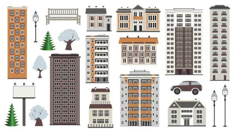 Various city elements in winter time - multistorey houses and municipal Stock Illustration