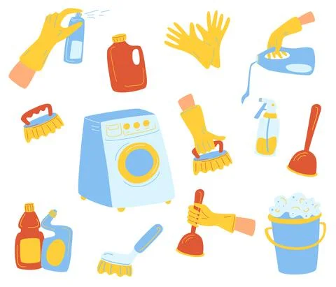 Various Cleaning items. Washing machine, mops, brushes, gloves. Set of variou Stock Illustration