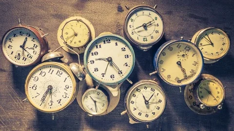 Various clocks looped as time flow concept animation, 4k Stock Footage 83184827