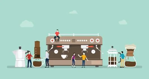 Various coffee machine brew with different style and method - vector illustra Illustrazione stock