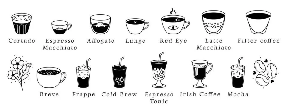 Various coffee types black icon set Stock-Illustration