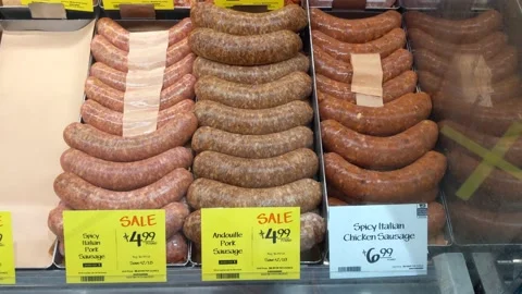 Various Cold Sausages Available for Purchase - Grocery Store 스톡 동영상 139224257