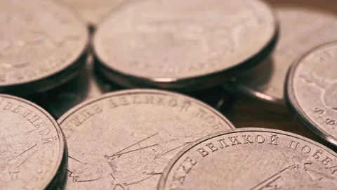 Various collectible coins on the table. 9th May. Monetary system of Russia. Stock Footage 153225418