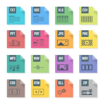 Various color file flat style formats icons set with illustrations. Illustrazione stock