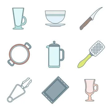 Various color outline dinnerware icons set. Stock Illustration