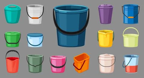 Various colored buckets set. Plastic blue container for transferring liquids Ilustração Stock