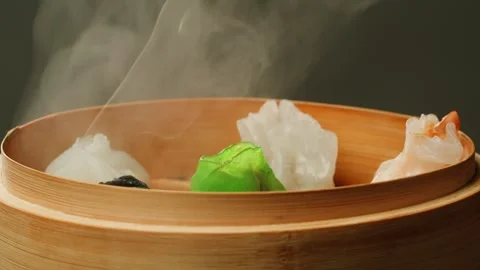 Various of colored dim sum on steamer pan close-up macro. Steaming Technique Stock Footage 257591451