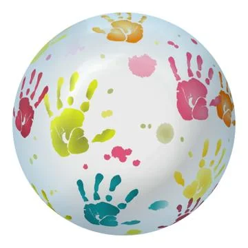 Various colored handprints mapped on ball Stock Illustration
