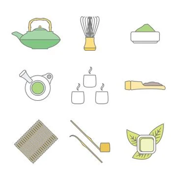 Various colored outline japan tea ceremony equipment icons set. Stock-Illustration