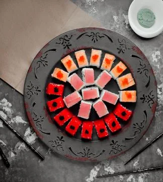 Various colored sushi set top view Stock Photos