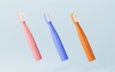Various-colored toothbrushes on the blue background, 3d rendering. Stock Illustration