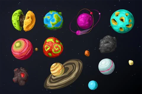 Various colorful alien planets set in space Stock Illustration