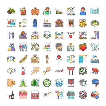 Various colorful linear icons representing diverse concepts and objects Stock Illustration