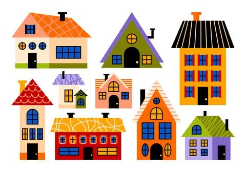 Various colorful small and tiny houses of different shapes, sizes and angles. Stock Illustration