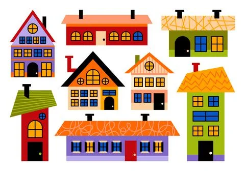 Various colorful small and tiny houses of different shapes, sizes and angles. Stock Illustration