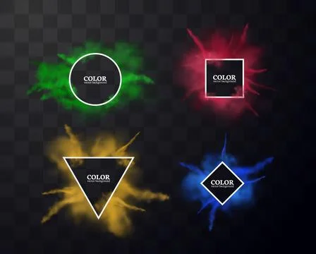 Various colors powder explosion with different forms label, paint pigment dust Stock Illustration