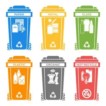 Various colors separated garbage bins solid icons labels . Stock Illustration