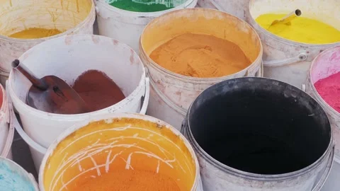 Various colours shop, store with coloured powder selling on a open shop for Stock Footage 221860321
