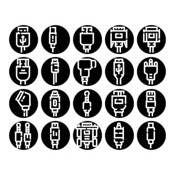 Various computer cable connectors and hardware icons set Illustrazione stock
