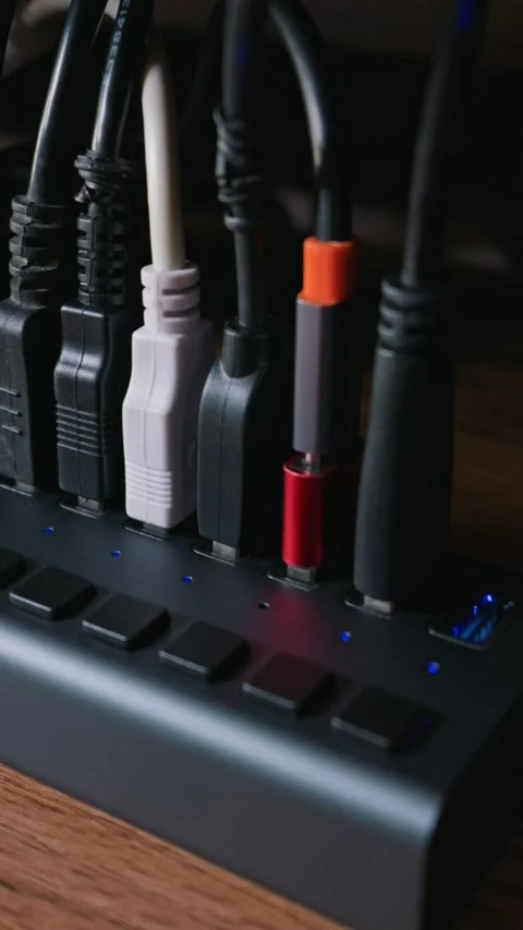 Various Computer Cables Connected To Black USB Hub On Wooden Desk Stock Footage 331145147