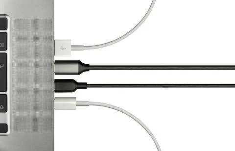 Various Computer Cables Plugged In To A Laptop Stock Photos