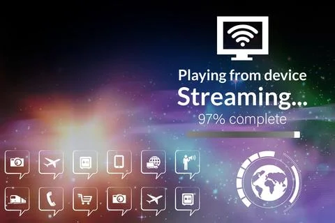 Various computer icons with progress bar on device screen Stock Photos