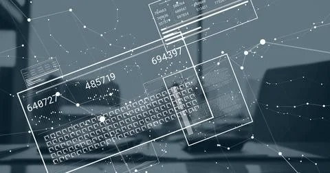 Various computer screens with numbers changing and data processing Stock Photos