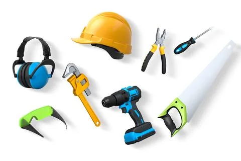 Various construction and safety tools including helmet, drill, pliers, and .. 스톡 일러스트