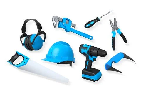 Various construction and safety tools including helmet, drill, pliers, and .. 스톡 일러스트