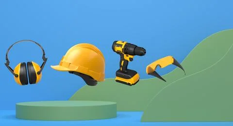 Various construction tools and safety equipment floating over podium on abstr Ilustração Stock
