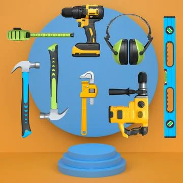Various construction tools and safety equipment floating over podium on abstr Ilustração Stock