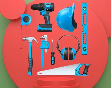Various construction tools and safety equipment floating over podium on abstr Ilustración de archivo
