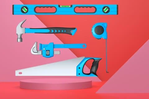 Various construction tools and safety equipment floating over podium on abstr Ilustración de archivo