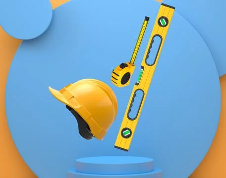 Various construction tools and safety equipment floating over podium on abstr Ilustración de archivo
