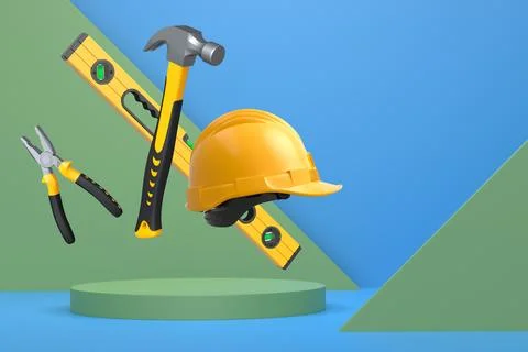 Various construction tools and safety equipment floating over podium on abstr Ilustración de archivo