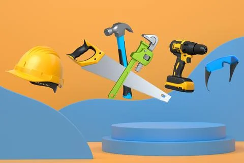 Various construction tools and safety equipment floating over podium on abstr Ilustración de archivo