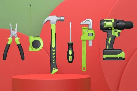 Various construction tools and safety equipment floating over podium on abstr Ilustración de archivo