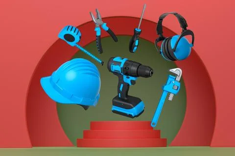 Various construction tools and safety equipment floating over podium on abstr Ilustración de archivo