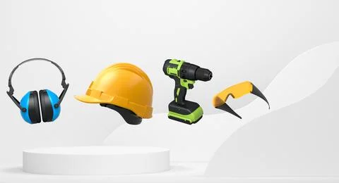 Various construction tools and safety equipment floating over podium on abstr Ilustración de archivo
