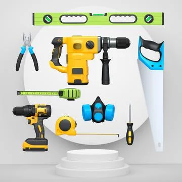 Various construction tools and safety equipment floating over podium on abstr Ilustración de archivo