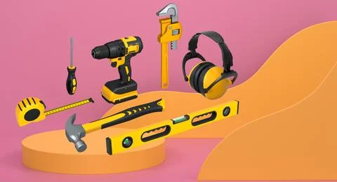 Various construction tools and safety equipment floating over podium on abstr Ilustración de archivo
